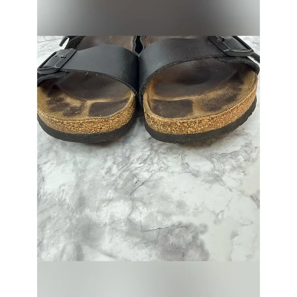 BIRKENSTOCK Arizona Men's Sz 10 Black Leather Two-Strap Sandals Cork Footbed